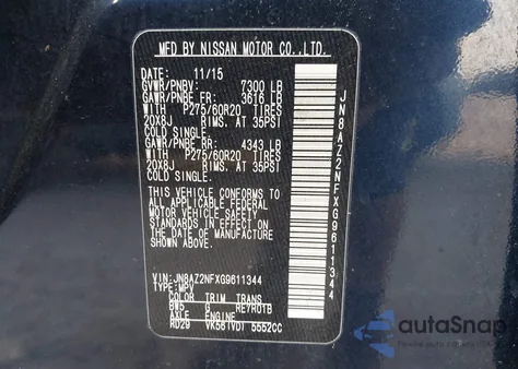 2016 Infiniti Qx80 from USA, damaged, VIN JN8AZ2NFXG9611344